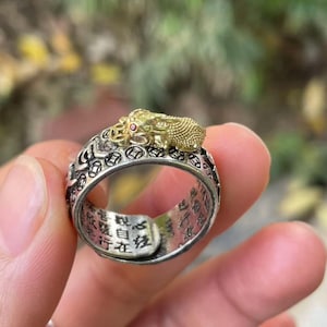 May include: A silver ring with a gold-colored dragon figure on top. The ring has engraved patterns and Chinese characters. The dragon has red gemstone eyes. The ring is held up by a person's fingers.