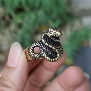May include: A brass-colored ring in the shape of a cobra snake. The snake's head is raised, with detailed scales and open mouth. The ring has a dark, textured pattern on the body and is held by a person's hand.