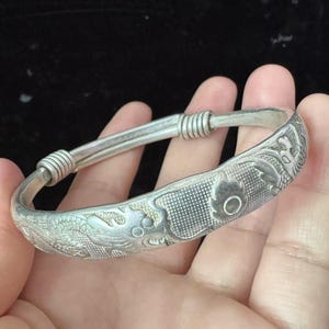 Sterling Silver Antiqued Cuff Bangle Bracelet,Adjustable Bangle Nepalese Indian inspired Jewellery Buddhist amulet Minimalist dragon phoenix
