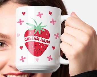 Taza personalizada de fresas Idea de regalo de cumpleaños con fresas Taza de café personalizada con fresas Amante de las fresas Estética de fresa