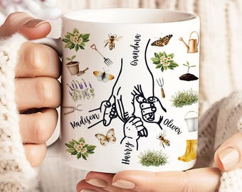 Taza personalizada para abuelas con temática de jardinería, taza con las manos entrelazadas, regalo del Día de la Madre de parte de los nietos, regalo de cumpleaños para amantes de las plantas y del jardín de la abuela.