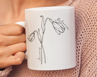 Personalized Birth Flower Mug, January Birth Month Flower Customizable Mug, Wildflower Botanical Mug, Aquarius Capricorn Gift For Her