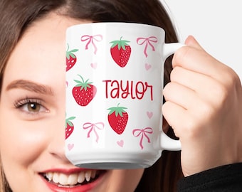 Personalised Strawberry Mug Strawberry Aesthetic Coquette Bow Custom Coffee Mug Hot Chocolate Customizable Mug Strawberry Birthday Gift Idea