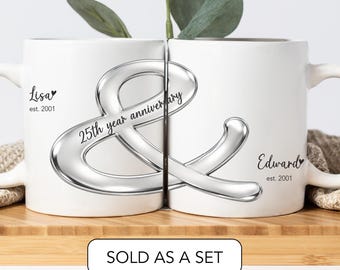 25th Year Wedding Anniversary Gift Couples 25th Year Silver Anniversary Personalised Mug Set Gift For Parents or Friend Anniversary