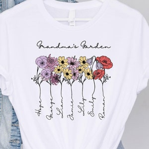 Personalised Grandmas Garden Shirt With Grandkids Names Custom Birth Flower Shirt Personalised Birth Month Flower Grandmother Floral Shirt