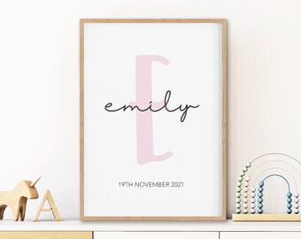 Letrero con monograma personalizado para la habitación del bebé, decoración de pared con datos de nacimiento, póster con iniciales.