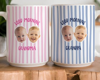 Personalised Baby Face Mug For Grandma Grandpa Custom Photo Mug First Time Grandparents Gift From Grandchild Grandad Stripe Mug New Nana