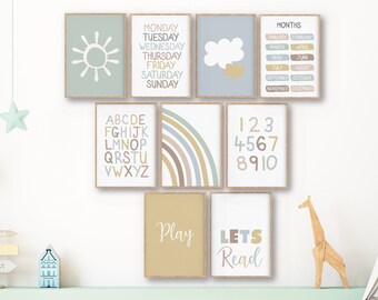 Conjunto de carteles educativos para sala de juegos y niños y niños pequeños, arte de pared educativo neutro, impresiones escolares de hogares imprimibles, carteles del alfabeto