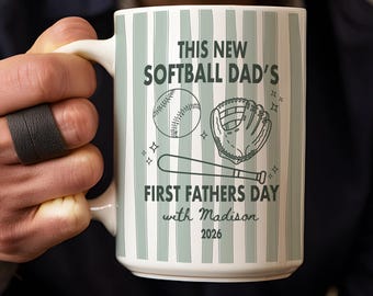 Personalised First Fathers Day Softball Dad Mug Stripe First Time Dad 1st Fathers Day Coffee Mug Softball Dad Gifts New Dad Sports Dad