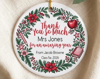 Personalised Teacher Christmas Wreath Ornament Gift From Student Thank You Teacher Christmas Gift Custom End Of Year Teacher Name Ornament