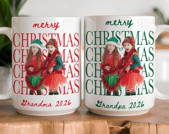 Personalised Grandkids Christmas Photo Mug Set for Grandparents Picture Mug Set For Grandma and Grandpa