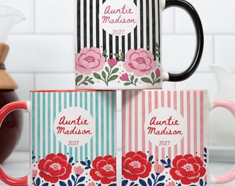 Personalised Promoted To Auntie Floral Striped Mug Pregnancy Reveal New Auntie Gift From Niece or Nephew