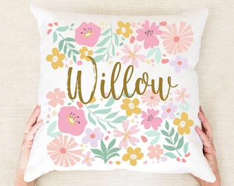 Girls Floral Custom Name Pillow Girls Personalised Cushions Daisy Pillow Danish Pastel Decor Nursery Customizable Pillow Reading Nook Pillow