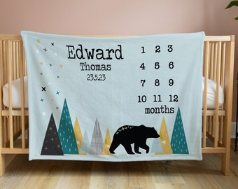 Bear Milestone Blanket For Boys Mountain Blanket Monthly Growth Tracker Personalised Baby Blanket Custom Blanket Baby Shower New Baby Gift