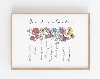 Personalised Birth Flower Print, Custom Birth Month Flower Wall Art, Grandmas Garden, Gift From Grandkids, Mothers Day Print,