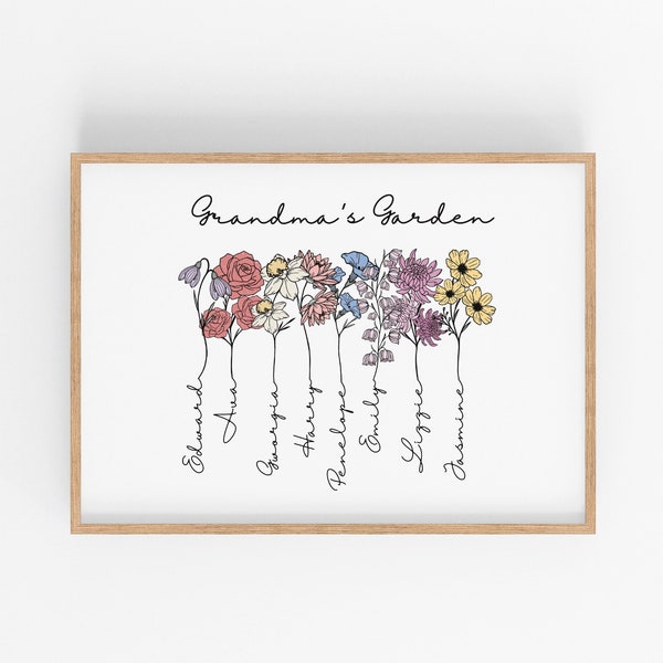 Personalised Birth Flower Print, Custom Birth Month Flower Wall Art, Grandmas Garden, Gift From Grandkids, Mothers Day Print,