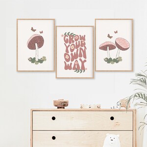 Boho Mushroom Nursery Wall Decor, Mushroom Print, Retro Grow Print, Retro Nursery Print Set, Kids Positivity Bedroom Print, Wavy Text Print