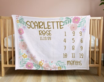 Flower Milestone Blanket  Floral Daughter Blanket Monthly Growth Tracker Baby Shower Custom Gift Keepsake Gift Wildflower Milestone Blanket