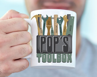Personalised Pop Coffee Mug Custom Pop Mug Toolbox Handyman Grandpa Mug Fathers Day Gift From Kids Names Mug Craftsman Carpenter Builder