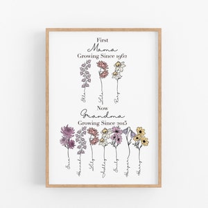 Estampado de flores de nacimiento del jardín de la abuela, estampado de flores personalizado para el mes de nacimiento, primera mamá, ahora abuela, regalo de Navidad de los nietos, cumpleaños, día de la madre, impresión