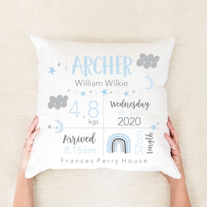 Birth Announcement Custom Pillow Birth Stats Pillow Birth Details Personalised Pillow Name Pillow Gift For New Parents Blue Nursery Decor