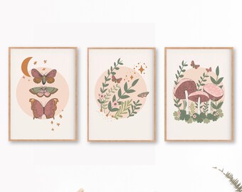 Mushroom Print Boho Butterfly Printable Cottagecore Mushroom Poster Wall Decor Retro Butterfly Printable Boho Nursery Printable Set Moth