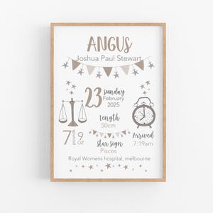 Geboortekaartje geboortestatistieken bord geboortedetails afdrukken neutraal babycadeau voor nieuwe ouder Beige kinderkamer kunst aan de muur baby doop aandenken