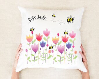 Wildflower Pillow Custom Name Bee Pillow Tulip Flower Personalised Cushions Wild Flower Customizable Pillow Reading Pillow Throw Pillow