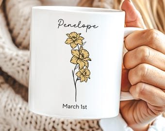 Mug personnalisé fleur du mois de naissance de mars Nom personnalisé de la fleur de mars Mug anniversaire de mars Fleur jonquille Mug du mois de naissance de mars Cadeau Bélier Cadeau Poissons