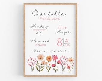 New Baby Girl Birth Announcement Print, Floral Girls Birth Stat Print, Wildflower Nursery Wall Art, New Parent Gift, Birth Details Print