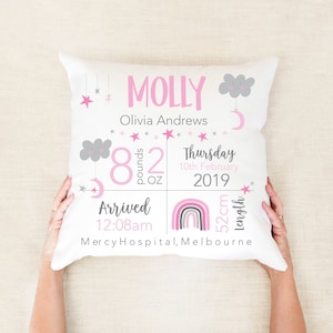 Pink Birth Stats Pillow, Birth Announcement, Personalised Baby Stats Cushion, Girls Birth Details Pillow, Baby Keepsake, New Parent Gift