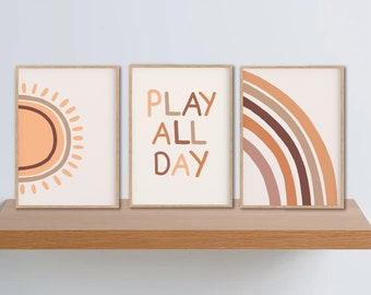 Terracotta Wall Art Printables Play All Day Boho Sun Rainbow Playroom Poster Neutral Nursery Set of 3 Prints Earthy Nursery Retro Playroom