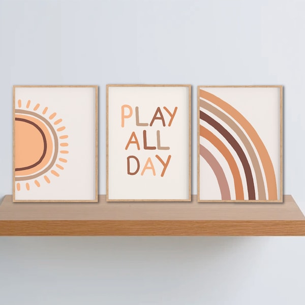 Terracota pared arte imprimibles jugar todo el día Boho Sun Rainbow Playroom Poster Neutral Nursery Set de 3 impresiones Earthy Nursery Retro Playroom