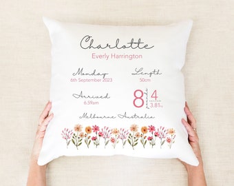 Birth Announcement Wildflower Custom Pillow, Baby Birth Stats Cushion, Baby Name Pillow, Botanical, Gift For New Parents, Boho Nursery Decor