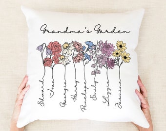 Custom Grandma's Pillow, Grandma's Garden Pillow, Mothers Day Pillow, Gift From Grandkids, Custom Birth Flower Throw Pillow, Grandma Gift