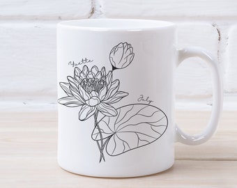 Personalized Birth Flower Mug, July Birth Month Flower Customizable Mug, Cancer Leo Gift For Her, Water Lily Flower Mug, Botanical Mug