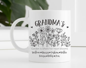 Personalized Grandmas Garden Mug With Grandkids Names Personalised Grandma Mug Gift From Grandkids Customized Coffee Mug For Grandma Flowers