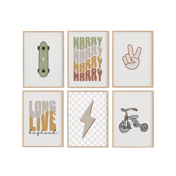 Impresión de nombre retro personalizada, "Long Live Boyhood", juego de 6 impresiones para pared, con rayo, símbolo de la paz y patineta, decoración para habitación de niño.