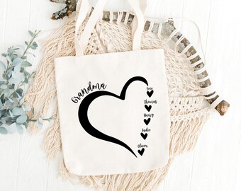 Personalized Grandma Tote Bag With Grandkids Names Customizable Gigi Tote Bag Mimi Nana Custom Heart Tote Grandma Present Gift For Grandma