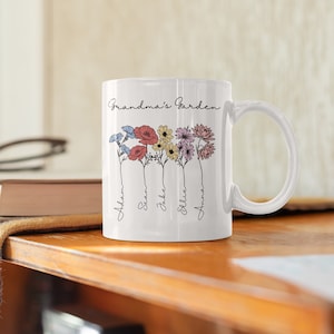 Tazza con fiori per il mese di nascita, giardino della nonna, regalo personalizzato dai nipoti, tazza per la nonna, tazza da caffè personalizzata, regalo con fiori per la nascita, regalo per la festa della mamma immagine 6