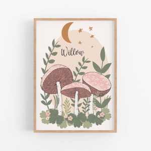 Pilz Pilz Druck, personalisierte Pilz Poster, Pilz Dekor, Boho Schmetterling Kinderzimmer Druck, Cottagecore Wandkunst, Baby Name Art