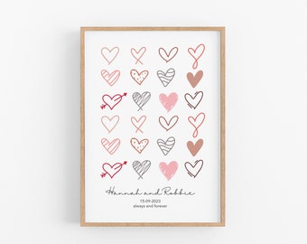 Custom One Year Anniversary Love Heart Print Dating Anniversary Gifts Personalised Valentines Poster 2nd Anniversary Gift Couples Print