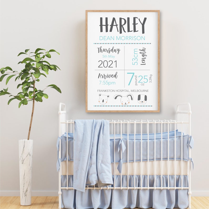 May include: A framed nursery print with the name "HARLEY" in gray and teal. The print includes the baby's birth details: date, time, length (53cm), and weight (7 pounds 2.25 ounces). The print is displayed above a white crib with blue bedding.