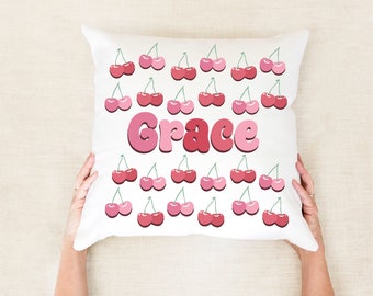 Cherry Custom Name Pillow Personalised Cherries Aesthetic Pillows Cherry Decor Personalised Cushions Coquette Room Decor Name Throw Pillow