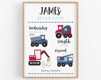 May include: A blue and red construction-themed baby announcement print with the name "JAMES ARTHUR FLOYD" and details of the baby's birth: Wednesday, February 6th, 2021, 8 lbs 10 oz, 51 cm, 6:22 pm, Sydney, Australia.