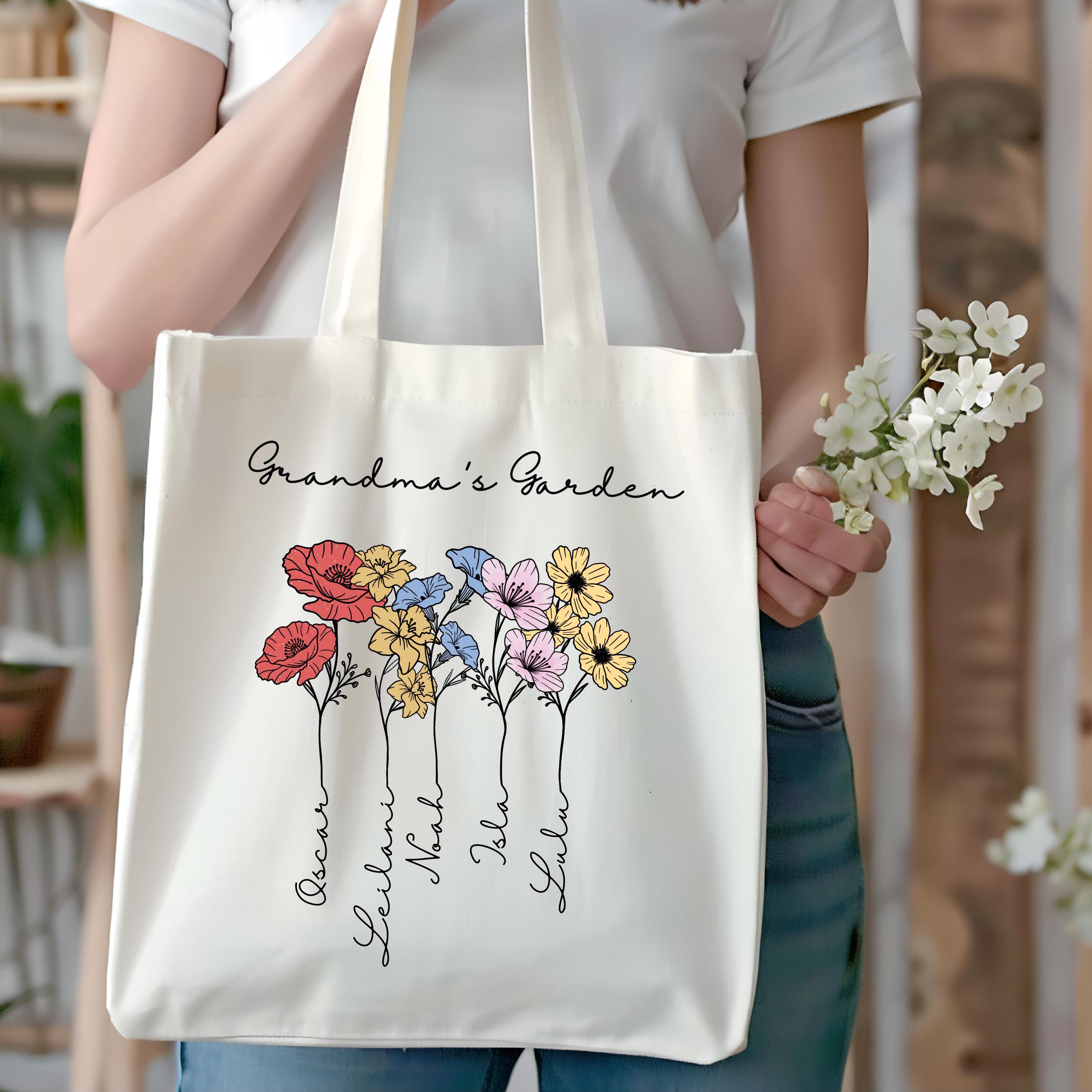 Grandma Tote Bag - Floral Canvas Reusable Grocery Bag, 15.8x15 Inches, Gift For Grandma From Grandkids