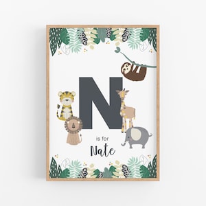 Arte de pared personalizado de animales de la selva, impresión inicial personalizada para niños, póster de animales de safari, tigre, león, jirafa, elefante, decoración del vivero de la selva