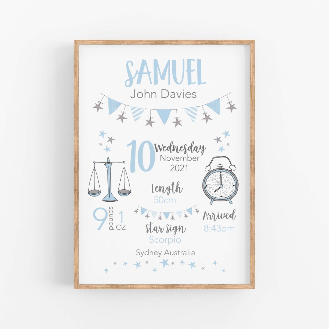 Personalised Baby Birth Stats Print Birth Announcement Baby Custom Gift ...