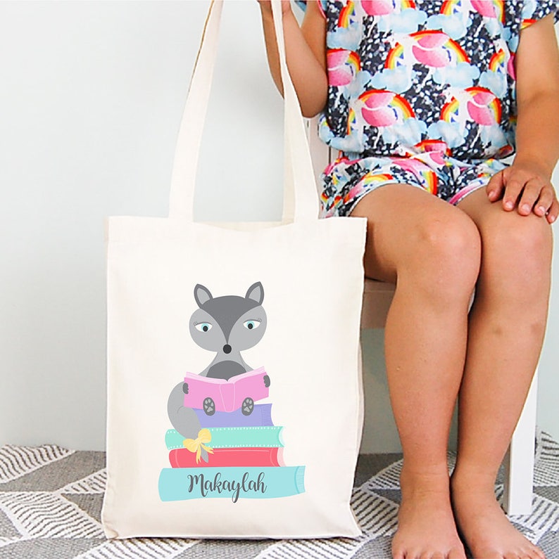 Girls fox personalised library tote bag