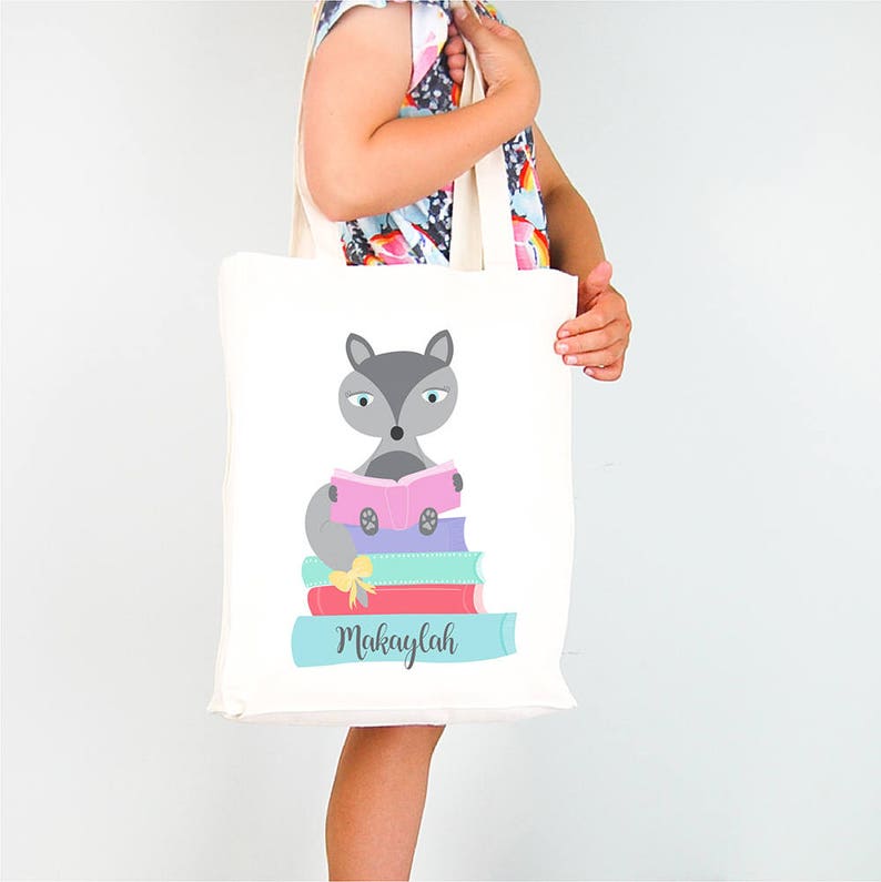 Girls fox personalised library tote bag